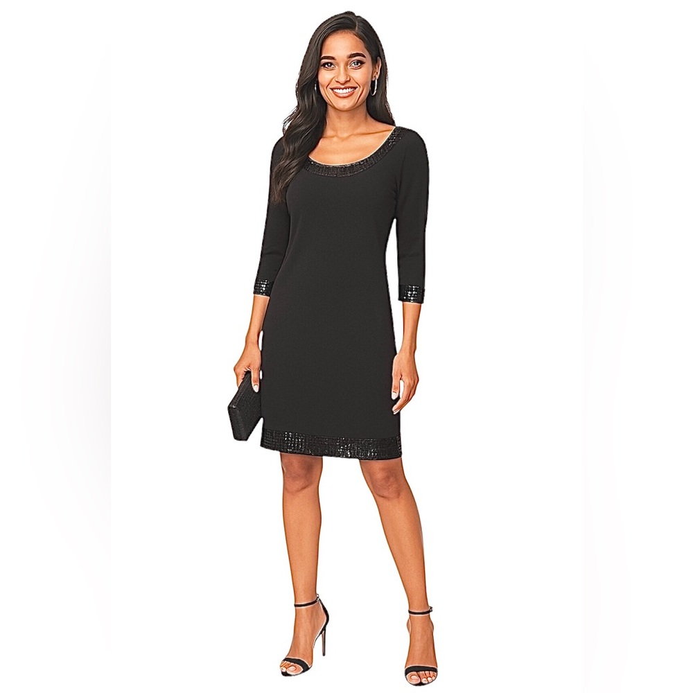 Chic Black Sequin Trim Pullover Dress Size: Medium